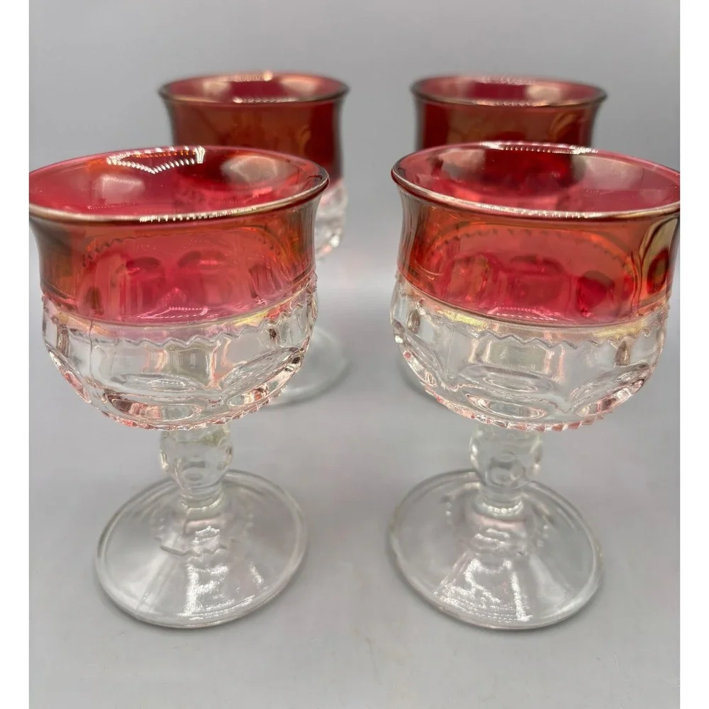Vtg 4 Pc Ruby Red Flashed Glass Cordial Goblets Kings Crown‎ Stem Bar Ware